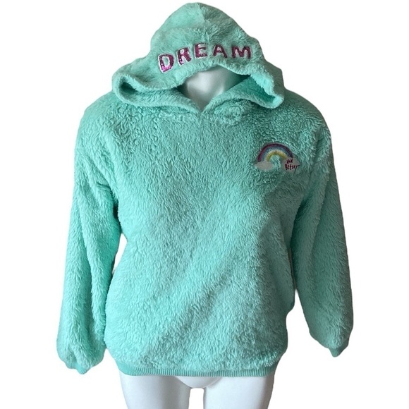 Betsey Johnson Tops - Betsey Johnson Dream Mint Green Pullover Plush Rainbow Hoodie Size Large